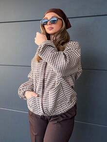 Jeta Ari Women's Loose Fit Wool Blended Jacket With Geometric Pattern, Casual Business Style For Office Wear, Autumn/Winter Fleece Lined - Brown - View 6