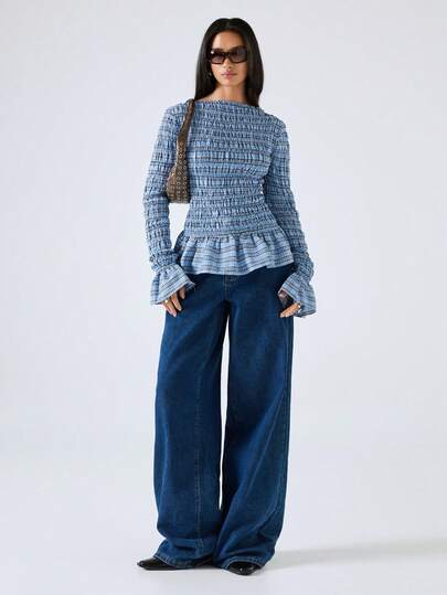 LYSMO 女士条纹船领荷叶边喇叭袖时尚衬衫