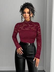 Selianne Women's Mandarin Collar Lace Patchwork French Elegant Date Casual Long Sleeve T-Shirt - Burgundy - View 5
