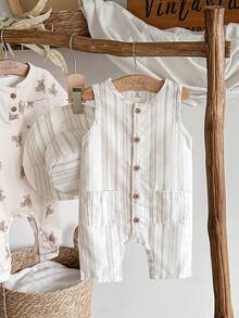 Vintaside Kids 男婴复古休闲条纹提花面料无袖连体衣及配套帽子，适合日常穿着，春夏款 - 白色 - 查看 3