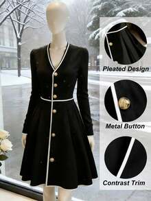 GlowEve CURVE 大码女装秋冬时尚撞色V领金属纽扣泡泡袖优雅长裙 - 黑色 - 查看 4