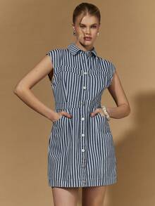 COSMINA Denim Women's Contrast Striped Print Shirt Dress, Single-Breasted Cap Sleeve Denim Dress, Elegant Chic Autumn Brunch Commuter A-Line Summer Casual - Blue - View 2