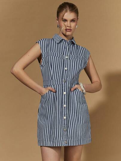 COSMINA Shirt Collar Short Sleeve Dress, Single-Breasted Design, Striped Pattern Dress, Elegant Commuter Dress, Short Dress, Blue Denim Dress, Suitable For Daily Wear