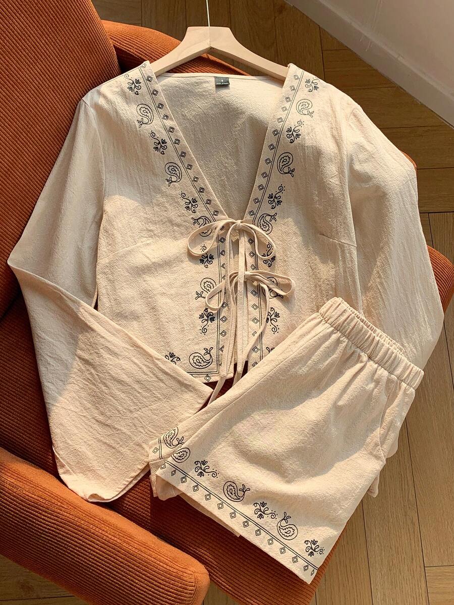 Comfortcana 女士波西米亚风腰果印花系带衬衫和短裤套装 - 杏色 - 查看 1
