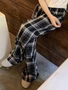 Dazy Tall Women's Tall Plaid Straight Leg Casual Pants - Black - View 5