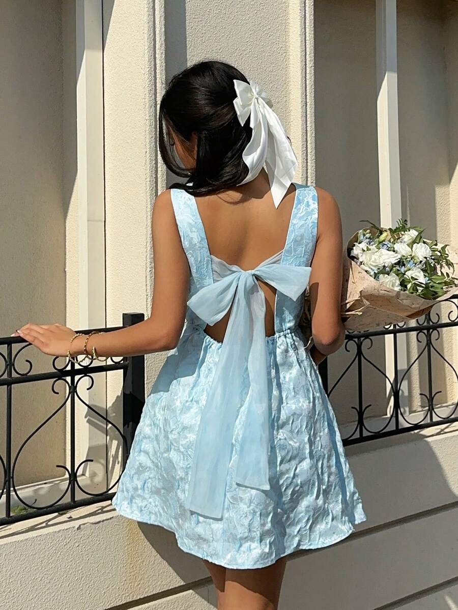MainGRL Romantic Date Vibrant Blue Backless Organza Tie A-Line Dress Dress With Bow In The Back Baby Blue Dress,Valentine's Day Women's Clothing - Baby Blue - View 1