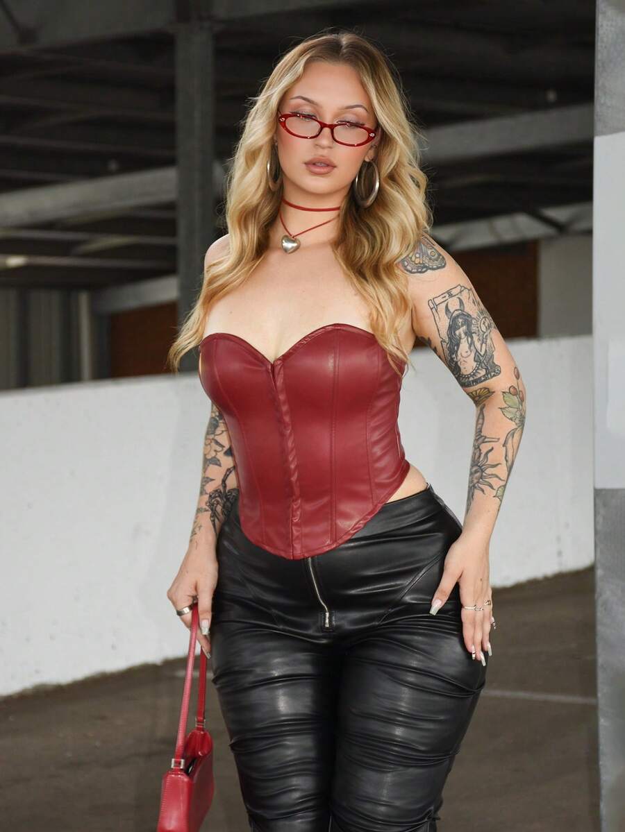 Arliah Women's Red Pu Leather Tube Top - Burgundy - View 1