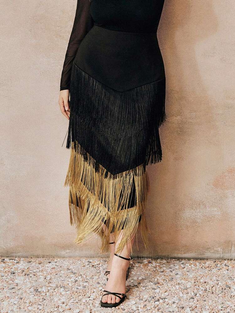 Anewsta Plus Size Elegant Sexy Fitted High Waist Black & Gold Color Block Fringe Hem Party Skirt, Suitable For Christmas, New Year, Party, Fall, Winter, Summer