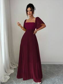 Elenzga 奶油黄色女士A字连衣裙，方领收腰，优雅浪漫 - 酒紅色 - 查看 4