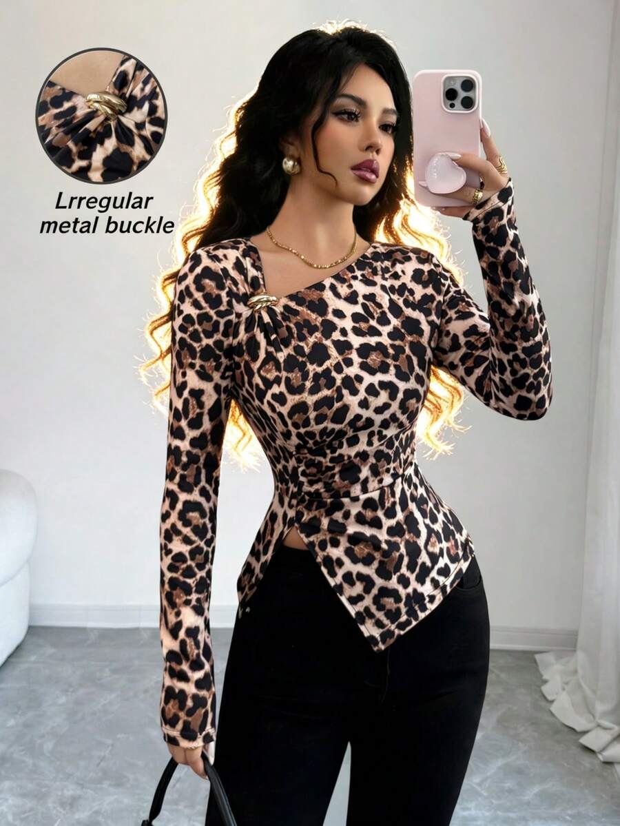 Rafferiza Women's Elegant Asymmetrical Shoulder Leopard Print T-Shirt, Casual And Stylish, With Metal Buckle Decoration, Leopard Print Split T-Shirt, Slim Fit, Leopard Print T-Shirt, Elegant Style, Sexy Leopard Print Pattern T-Shirt, Women's Spring/Summer Leopard Print T-Shirt. - Multicolor - View 1