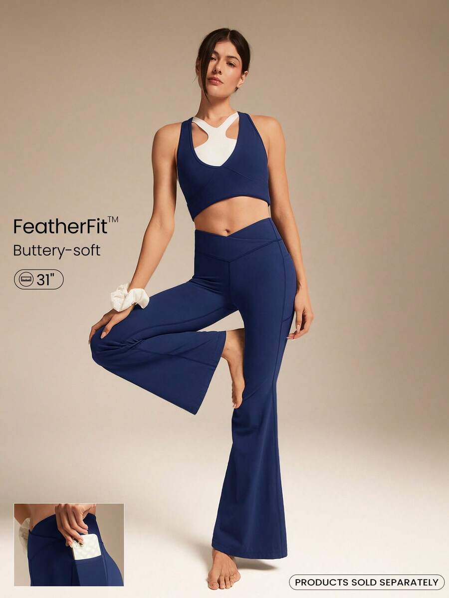 GLOWMODE 31英寸 FeatherFit™ 超大喇叭罗纹交叉腰带侧袋瑜伽裤，适合低强度日常休闲、户外和室内瑜伽。 - Dark Blue - 查看 1