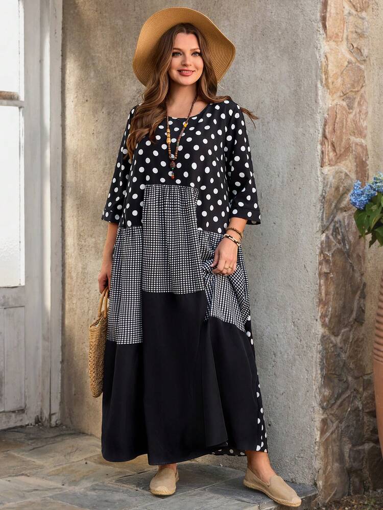 Plus Size Women Casual Vacation Round Neck 3/4 Sleeve Polka Dot, Plaid & Striped Patchwork Dress, Early Spring/Valentine's Day, Spring Break Outfits ,Valentine Outfits For Women ,Vacation Outfits Women ,Holiday Outfits For Women,Spring Dress Women,Going Out Outfits,2026 New Clothes,Simple And Fashionable For Everyday Wear,Casual Elegant Valentine's Day Party Everyday, Black Polka Dot Dress, Black And White Polkadot Dress, Polka Dot Dress, Dress Modest