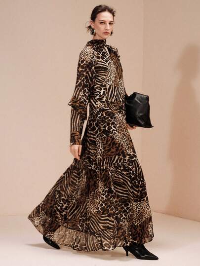 Arave 女士V领系带灯笼袖荷叶边下摆豹纹雪纺连衣裙，休闲日常穿着