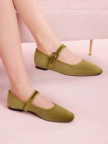 Zapatos Mary Jane Planos Azul Marino de Gamuza, Zapato Punta Redonda con Tira y Broche Decorativo para Oficina, Citas y Salidas Casual Moda Mujer - Verde - Ver 4