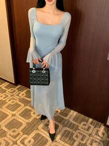 DAZY Women's Solid Color Square Neck Mesh Patchwork Flare Sleeve Fitted Elegant Dress Maxi Dress Sundress - Blue - View 5