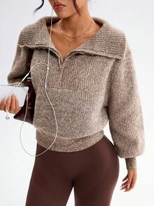 Dewbera Women's Turndown Collar Zip-Up Casual Sports Sweater