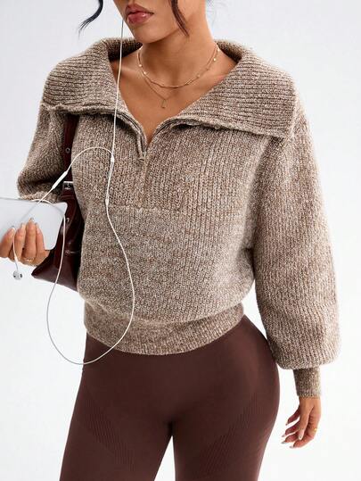 Dewbera Women's Turndown Collar Zip-Up Casual Sports Sweater