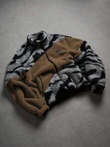 Manfinity Roghcode Chaqueta casual de manga larga con cuello alto, bolsillo y parches de forro polar, versátil y adecuada para salidas de otoño/invierno - Marrón - Ver 4