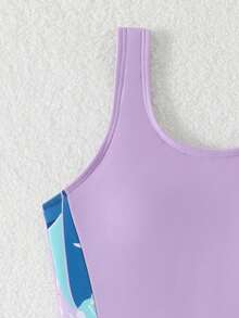 8-12岁女孩连体背心泳衣，带短裤，薰衣草热带叶子印花泳装，无袖运动泳衣，无袖弹力泳衣，适合海滩度假 - 彩色 - 查看 3