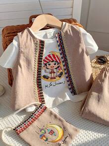 SHEIN 四件套包括：斜挎包、可爱撞色卡其色背心外套、白色T恤、松紧腰卡其色灯笼裤，适合生日派对、锐舞派对、晚宴、演出、婚礼、迎婴派对、洗礼和一周岁生日庆祝活动。 - 彩色 - 查看 5