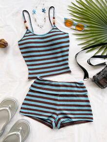 Soleia Summer Casual Striped Camisole Top + Shorts - Multicolor - View 1