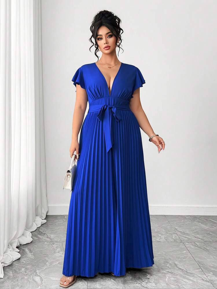 Elenzga Plus Size Royal Blue V-Neck Ruffle Sleeve Wide Leg Jumpsuit, Office Casual Outfit Royal Blue Women Blue Long Dress Summer Maxi Dress Elegant Maxi Dress Formal Blue Wedding Guest Dress Royal Blue Dress Women Elegant - Blue - View 6