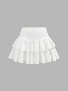 SHEIN Girlism 2件套少女休闲运动套装，黑白荷叶边下摆半身裙搭配打底裤，适合春夏穿着。 - 黑與白 - 查看 5