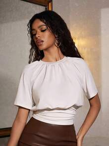 Eryvara All-Match Pleated Waist Long Sleeve T-Shirt, Versatile & Casual - Beige - View 5