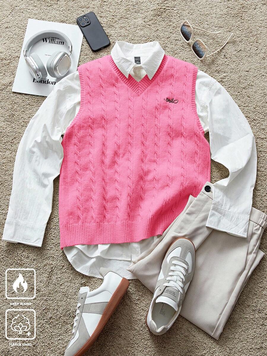 Manfinity CasualKnits Men's V-Neck Cable Knit Letter Embroidery Pattern Casual Versatile Autumn/Winter Travel Sweater Vest Argyle Vest Pink Men's Pink Sweater Vest Pink Vest Sleeveless Sweater V-Neck Vest Cable Knit Vest - Pink - View 1
