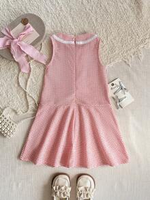 PrepCrw Young Girls' Preppy Style Round Neck Sleeveless Plaid Dress - Red and White - View 3