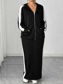 Elenzga 2pcs/Set Plus Size Double Zipper Long Sleeve Hoodie Top And Skirt - Black - View 8