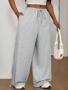 SHEIN PETITE CURVE 大码纯色休闲阔腿运动裤，适合娇小身材，曲线修身，喇叭裤型，日常休闲、居家、运动、上学、通勤、户外活动，抽绳设计，春季穿着，适合外出、参加嘉年华等场合，休闲百搭，宽松舒适。 - 灰色 - 查看 6