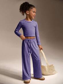 SHEIN 女童条纹长袖圆领T恤和阔腿裤两件套，休闲条纹套装，适合居家、休闲、户外运动。 - 紫色 - 查看 5