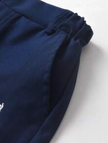 SHEIN Young Boy Casual Solid Color Pants,Summer Back-To-School,Single Button Decor,Slant Pockets,Elastic Waist Design,Versatile Fashion For Daily Wear,Party - Navy Blue - View 4