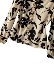 GlowEve 优雅V领荷叶边印花泡泡袖宽松长袖女式衬衫 - 卡其色 - 查看 3