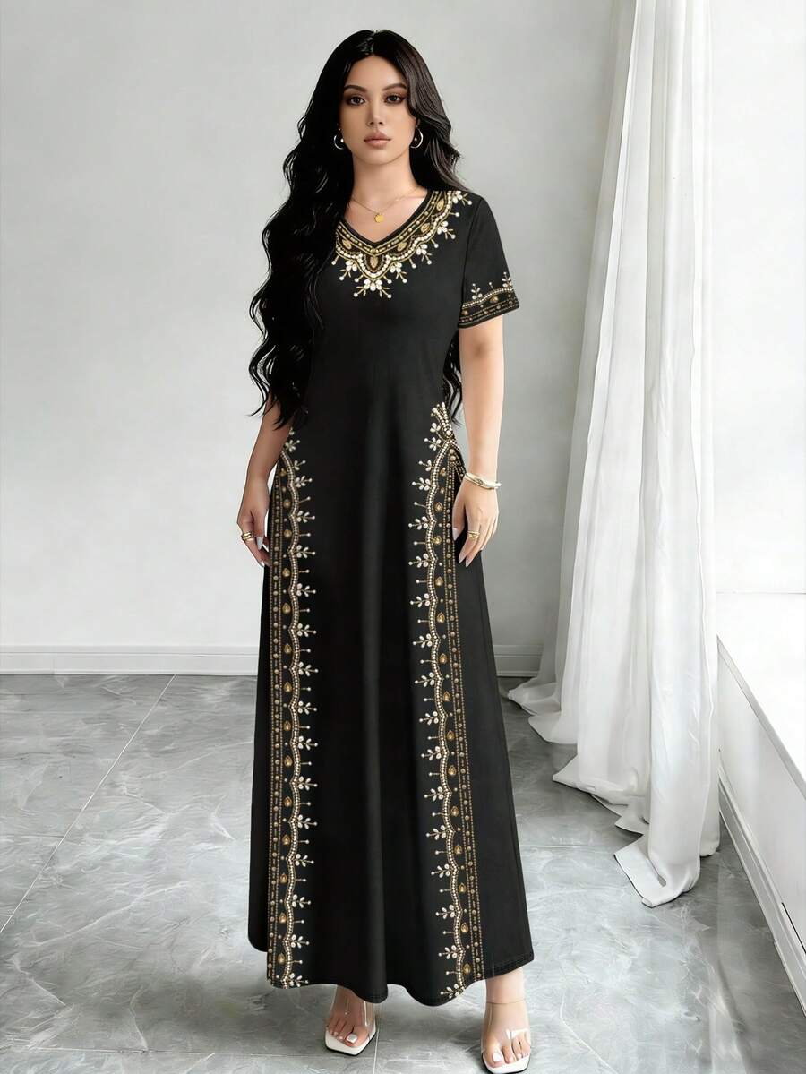 SHEIN Najma Đầm ngắn tay cổ chữ V in họa tiết hoa lá thanh lịch dành cho nữ, thích hợp cho mùa xuân/hè. - Nhiều màu - Xem 1