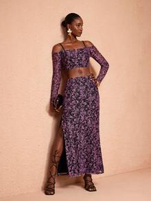 JIAN LASALA All-Over Print Lace Spaghetti Straps Off-Shoulder O-Ring Fitted Top Women Spring Summer - Multicolor - View 5