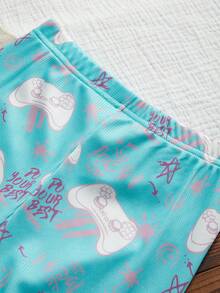 女孩绿色时尚泼墨游戏机印花短袖长裤两件套修身家居服套装 - 綠色 - 查看 6
