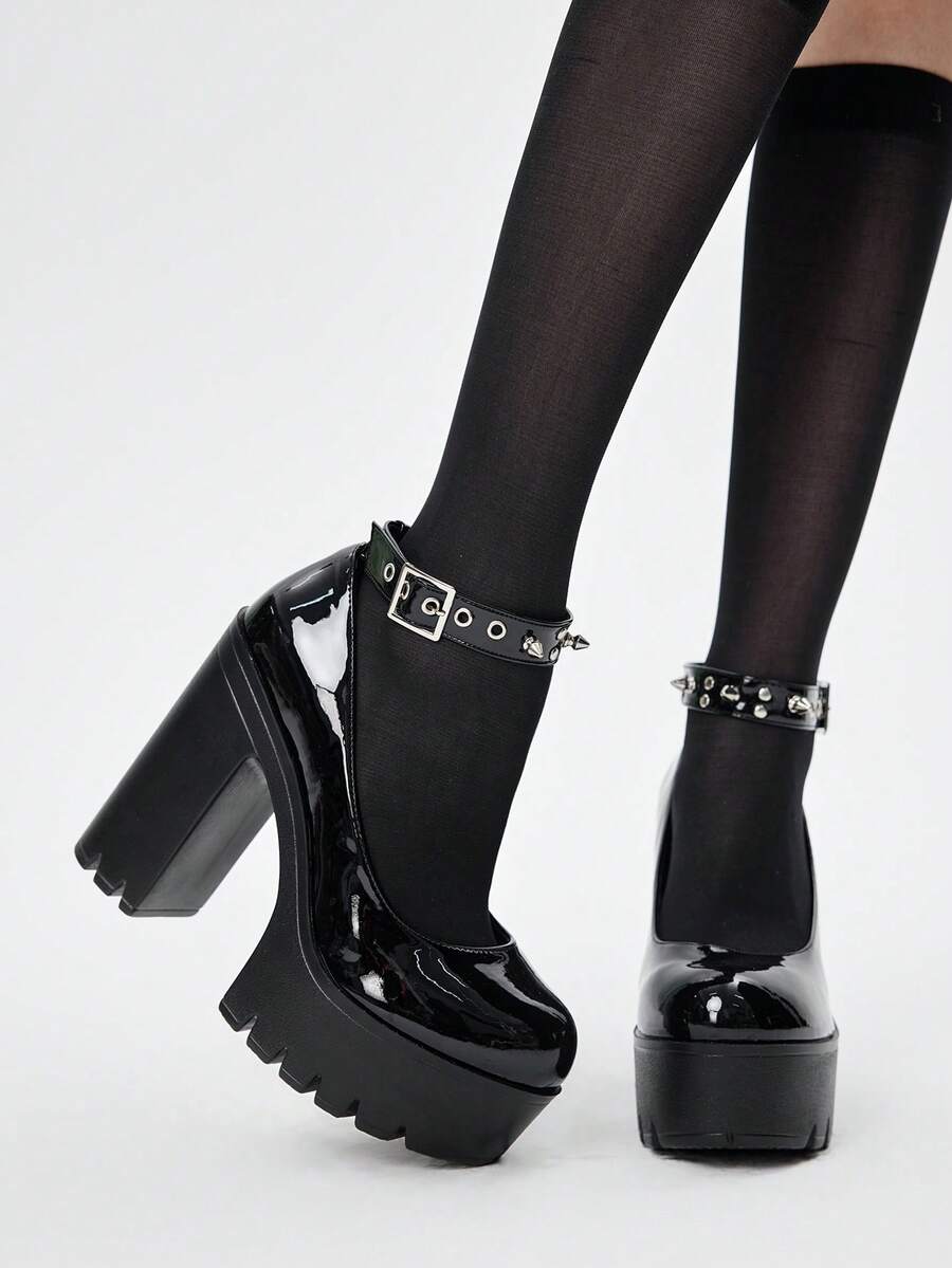 ROMWE Women's Sexy Thick Sole Chunky Heel Shoes, Autumn And Spring Fashion Solid Color Rivet Round Adjustable Buckle Ankle Strap Party Travel Dating High Heel Shallow Toe Mary Jane Shoes Valentine's Day