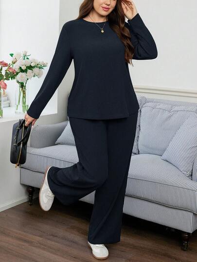 SHEIN LUNE 2pcs Plus Size Casual Solid Color Long Sleeve Top And Camo Print Pants Set, Spring Autumn Casual Everyday Wear,Essentials,Camouflage Print Two Pieces Suit Holiday Outfit 2 Piece Casual Sets Woman Black Pants Suit Women 2 Piece Lounge Sets Woman Woman Suit