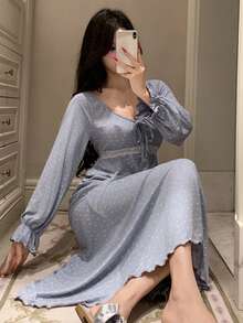 DAZY French Pleated Tie Collar Floral Lace Trim Waist Cinched Long Women Nightgown - Blue - View 3