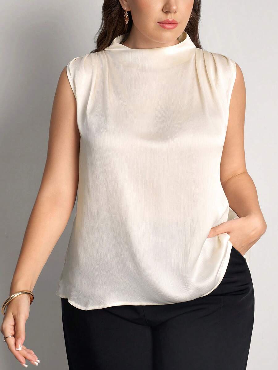 Comfylo 大码女式纯色立领优雅白色办公室情人节度假衬衫 - 杏色 - 查看 1