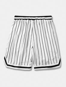 ROMWE MEN Prep Quần short bóng rổ nam dáng rộng, thời trang đường phố, in chữ và sọc, có dây rút ở eo, thích hợp cho mùa hè. - Đen và trắng - Xem 2