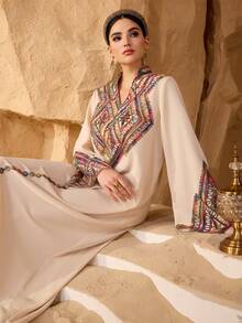 Layrah Women's Spring/Summer New Elegant Luxurious Dignified Turkish & Arabic Traditional Long Dress, Featuring Elaborate Embroidery, Beading, Lace Trim, V-Neck, Woven Waist Tie - Champagne - View 1