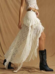 SHEIN ICON 女士西式多层荷叶边不对称下摆时尚半身裙 - 杏色 - 查看 6