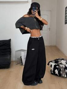 Coolane Women's & Men's Spring/Summer Back To School Streetwear Casual Cotton Comfortable Black Baggy  Wide Leg Curved Hem Pants - Black - View 4