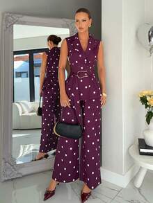 Siren Gaze Elegant Women's Sleeveless Lapel Random Print Blazer And Long Pants Two-Piece Set - Brown - View 3