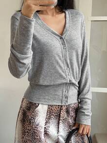 DAZY Cardigan Kasual Lengan Panjang Berkerah V untuk Wanita - Grey - View 6