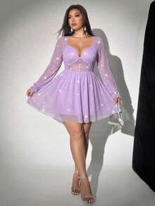 Viva Relle 大码女士性感V领长袖A字迷你紧身连衣裙，适合派对穿着 - 淡紫色 - 查看 5