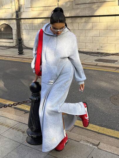 Muchica 캐주얼 편안한 루즈 롱 슬리브 후드 플러스플러스 사이즈 스웨트셔츠 드레스